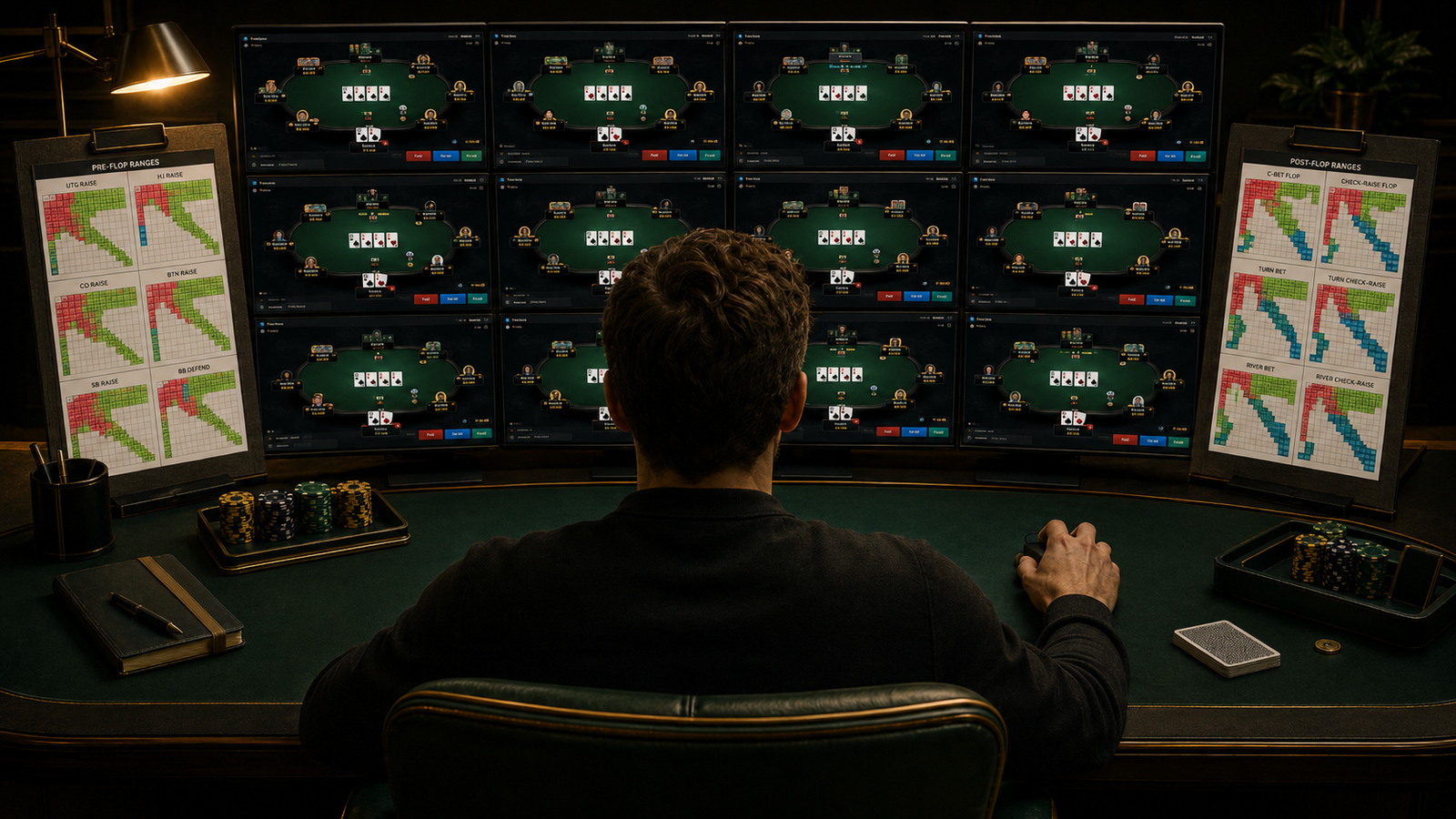 Jugador de poker online usando tablas preflop impresas